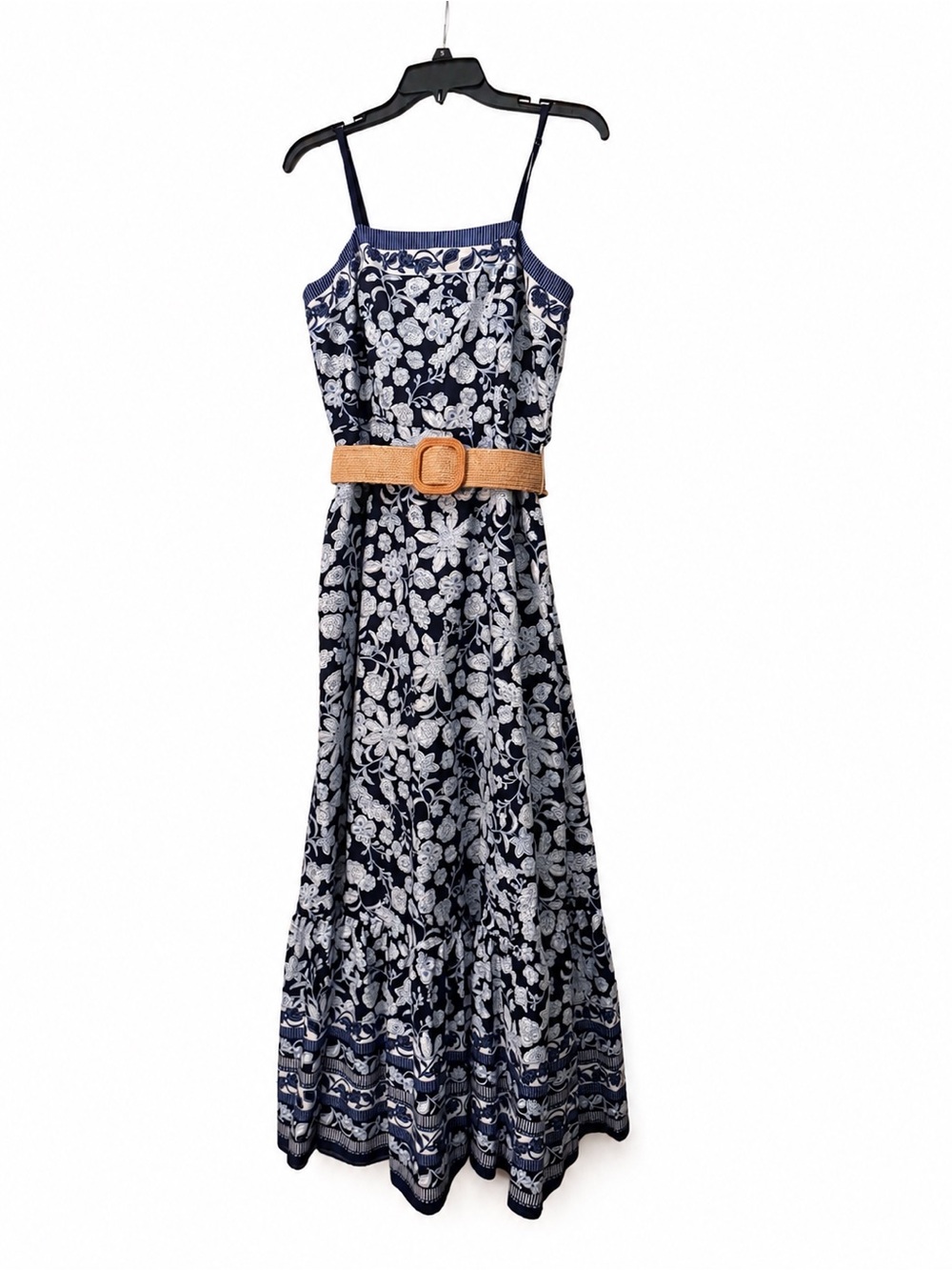 Taylor Navy and White Floral Maxi Dress with Tan Belt